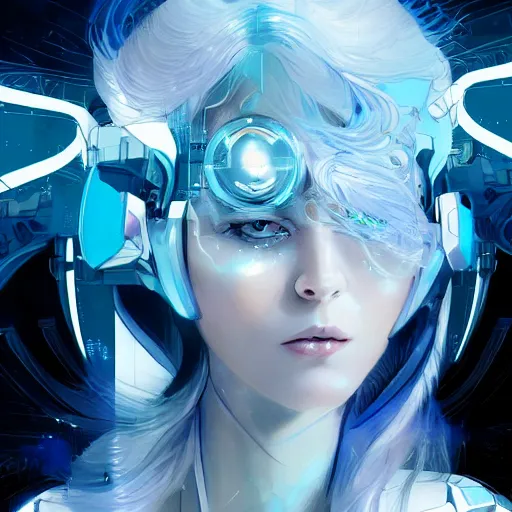 Image similar to Beautiful cyborg angel girl, blue eyes, white hair, front lit, clear skin, futuristic room background, excellent composition, decorations, innocent look, high quality, highly detailed, scifi, trending on ArtStation, art by Minjae Lee, Kim Sang-Hui