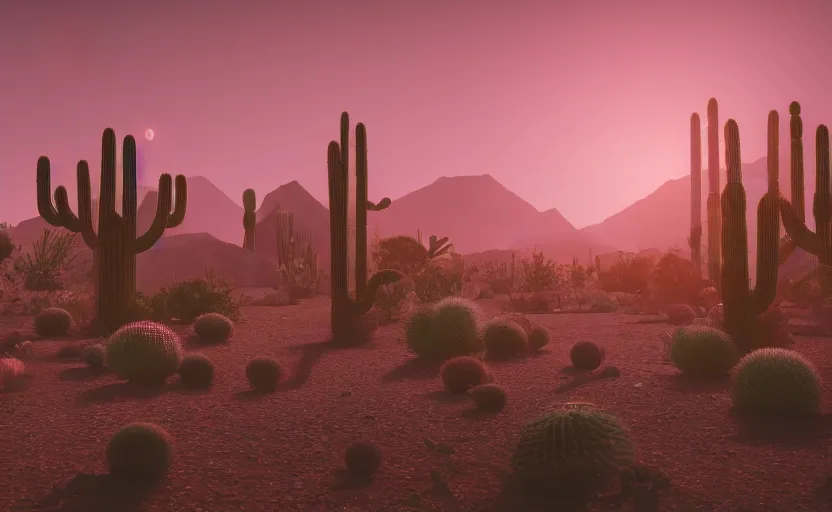 Image similar to a beautiful render of a sci - fi scientific industrial facility localized in a desert cave, cacti, patches of yellowish - red - magenta sky, sunset lighting, detailed, hazy, dry, volumetric lighting, god rays, 8 k, photorealistic, raytracing effects, rtx on