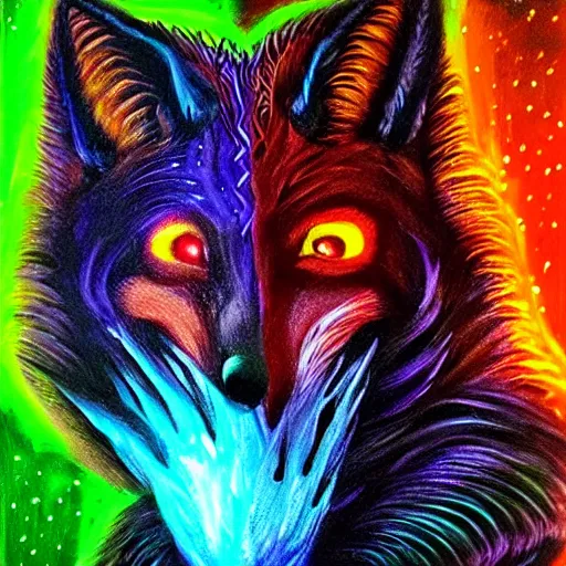 Image similar to a stylized realistic blacklight painting of an avatar of an awesome powerful cosmic horror foxfolk mage with a fox skull for a face with hummingbird feathers for fur themed around death and astronomy, in the style of dnd beyond avatar portraits, beautiful, artistic, elegant, lens flare, magical, lens flare, nature, realism, stylized, art by jeff easley