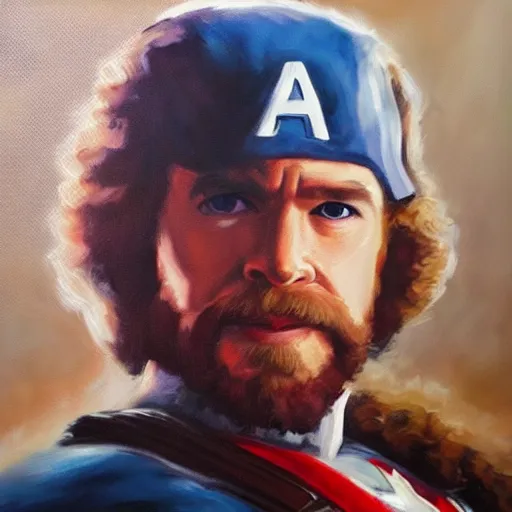 Image similar to Bob Ross as Captain America, oil painting, portrait