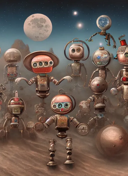 Image similar to highly detailed closeup, group portrait of a 1 8 8 0 s retro toy robots land on the moon, unreal engine, nicoletta ceccoli, mark ryden, earl norem, lostfish, global illumination, detailed and intricate environment