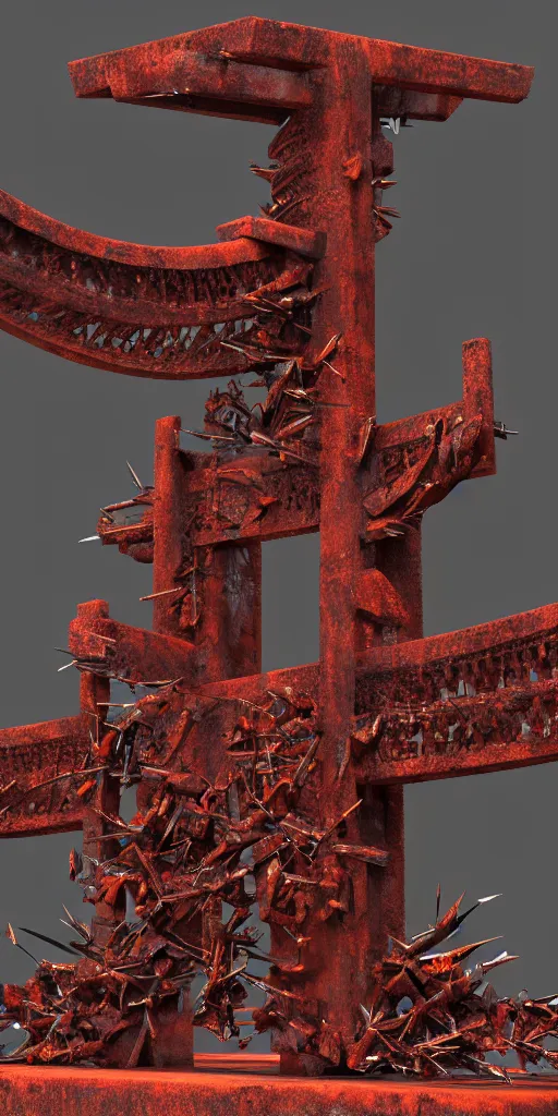 Image similar to 3 d render of a carved rusty torii gate sculpture, chrometype, made of liquid metal, neotribal with thorns and thunders, cyberpunk deconstructed japanese temple, raytraced, volumetric lightning, 8 k, by zhelong xu, ouchh and and innate studio