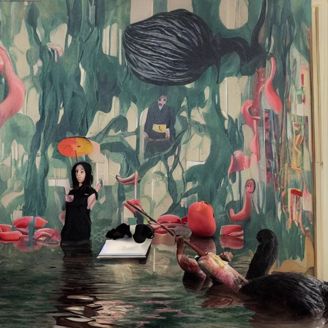 Image similar to tall female emo artists in their flooded apartment, painting of flood waters inside an artist's home, a river flooding indoors, pomegranates, pigs, ikebana, water, octopus, river, rapids, waterfall, black swans, canoe, berries, acrylic on canvas, surrealist, by magritte and monet