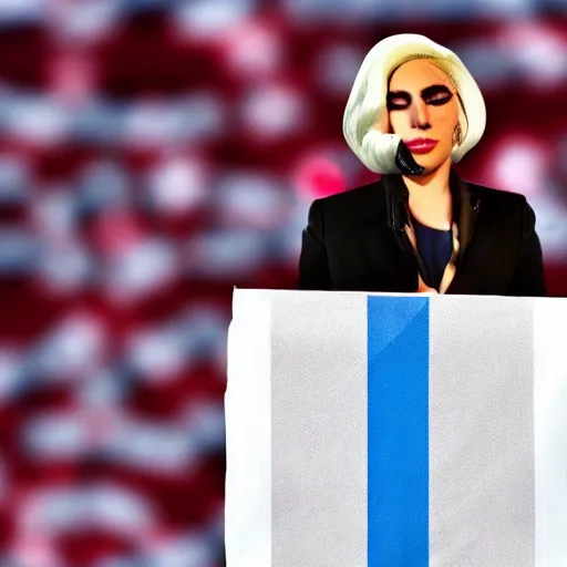 Image similar to Lady Gaga as president, Argentina presidential rally, Argentine flags behind, bokeh, giving a speech, detailed face, Argentina