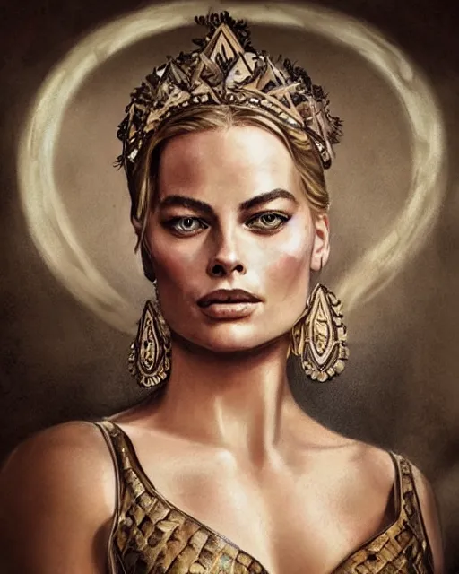 Image similar to realism tattoo sketch of margot robbie as a beautiful greek goddess aphrodite with piercing eyes wearing a laurel wreath and triangle earrings, in the style of greg rutkowski, amazing detail