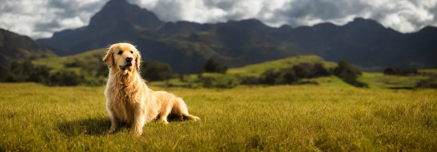 Prompt: a golden retriever in the grass field watching a distant view of a dramatic valley landscape, golden retriever, beautiful lighting, 8 k, high resolution detailed face, epic beauty, cinematic