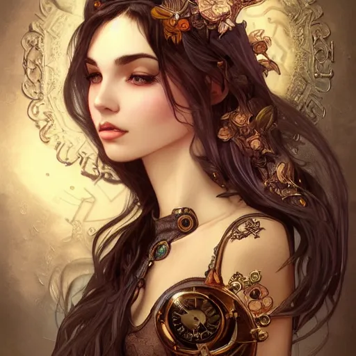 Image similar to a photograpic portrait of a pretty woman, steampunk, fantasy, intricate, elegant, highly detailed, digital painting, artstation, concept art, smooth, sharp focus, illustration, art by artgerm and h r giger and alphonse mucha