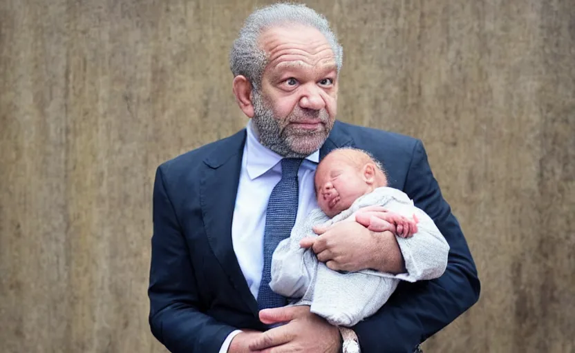 Prompt: alan sugar cradling alan sugar. holding a baby. baby alan sugar. holding in arms. cradling. cradling. happy