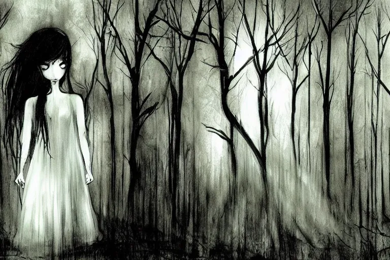 Prompt: a ghostly apparition of a girl in white dress haunting the dark forest artwork by ben templesmith