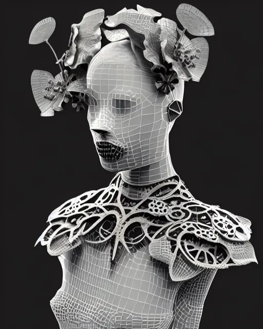 Prompt: monochrome 3 d model, 1 9 4 0 picture, floral silver steampunk biomechanical beautiful young female cyborg with porcelain profile face and a techno eye, volumetric light, leaves foliage and stems, hibiscus flowers, sinuous fine roots, fine foliage lace, alexander mcqueen, rim light, big gothic fashion pearl embroidered collar, octane render, 8 k