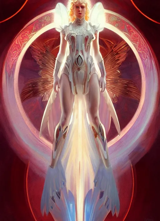 Image similar to the pale blond angel of battle apollo smirking, sci fi, glowing eyes, volumetric lights, red and cyan theme, art nouveau botanicals, intricate, highly detailed, digital painting, artstation, concept art, smooth, sharp focus, cinematic, illustration, beautiful face, art by artgerm and greg rutkowski and alphonse mucha