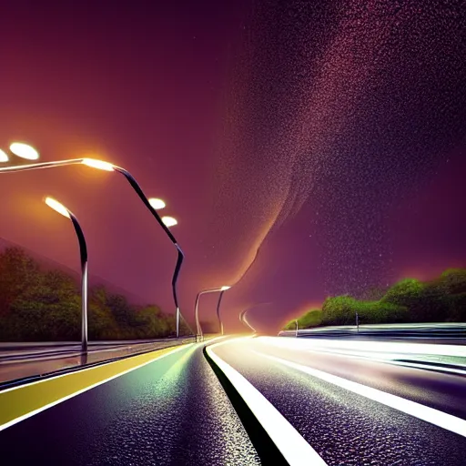 Image similar to realistic futuristic time machine at night in the rain flying over the highway