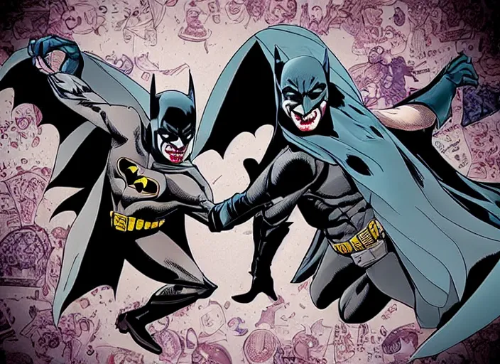 Prompt: Batman and Joker dance together， Ben day dots