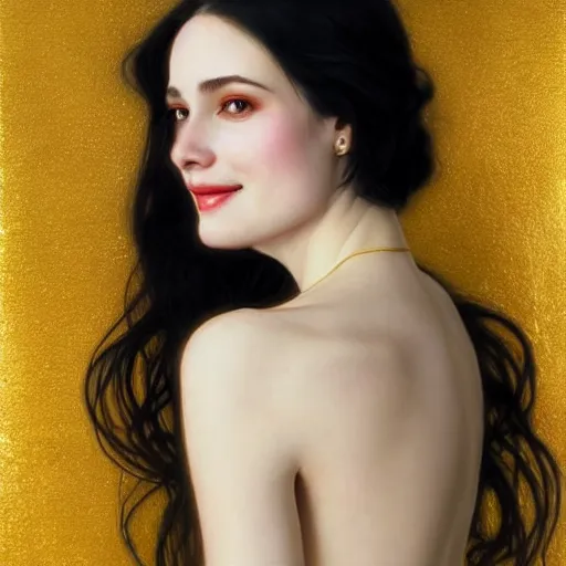 Image similar to portrait of a smiling, beautiful, pale skin eastern european female with long black hair, dark brown eyes, elegant clothing, photorealistic, highly detailed, artstation, smooth, sharp focus, gold ornaments, neon lighting, sci - fi, art by gustav klimt, artgerm, greg rutkowski and alphonse mucha