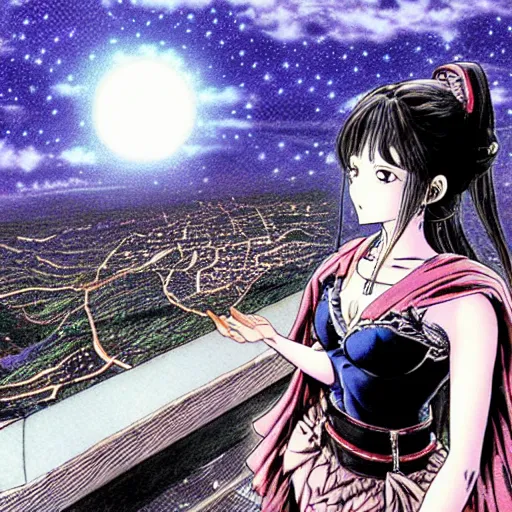 Image similar to beautiful girl looking from the edge of the mountain on the giant night city below, midnight, highly detailed colored manga page, illustration by kentaro miura and hiromu arakawa