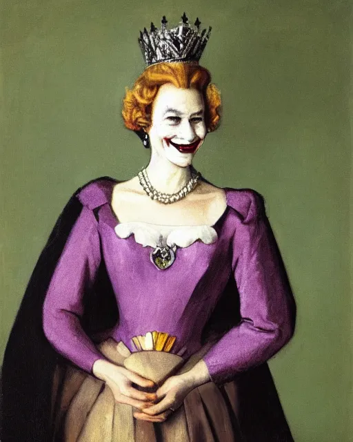 Image similar to portrait of Queen Elizabeth as the Joker, art by Carel Fabritius