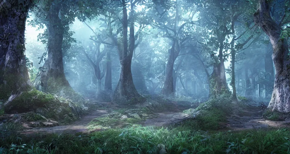 Image similar to Enchanted and magic forest, with Vray