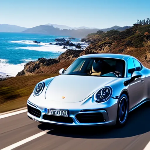 Prompt: an action photograph of a singer porsche driving along the pacific coast highway, ocean in the background, 8 k,