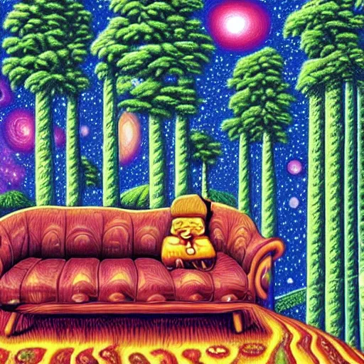 Prompt: psychedelic trippy couch pine forest, planets, milky way, sofa, cartoon by rob gonsalves spruce s - 3 4