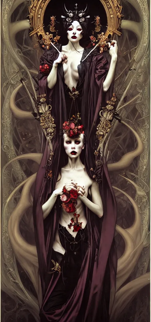 Image similar to baroque oil painting of vampire princess in gothic robes, by nekro, peter mohrbacher, alphonse mucha, brian froud, yoshitaka amano, kim keever, victo ngai, james jean