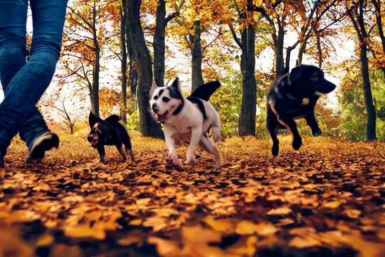 Image similar to dogs running through autumn leaves towards the camera, long shot, shot from below