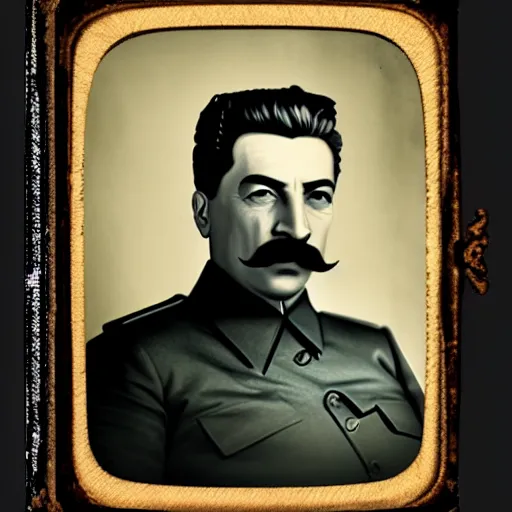 Prompt: portrait of stalin wearing sunglasses, beautiful portrait, studio lighting, 4 k, masterpiece tintype