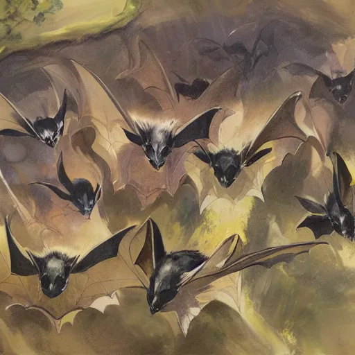 Prompt: a highly detailed beautiful portrait of newly evolved terrestrial bats, speculative evolution, english countryside, by gregory manchess, james gurney, james jean