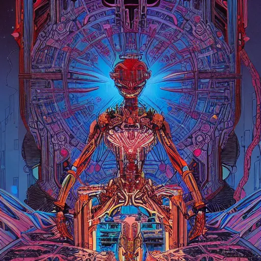 Prompt: a beautiful illustration of a humanoid robot meditating by philippe druillet and josan gonzalez and enki bilal and jean claude meziere, graphic novel