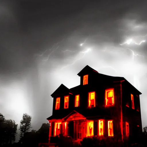 Image similar to a spooky monster house with glowing red eyes on a dimly lit street during a thunderstorm, cinematic, award winning horror photography