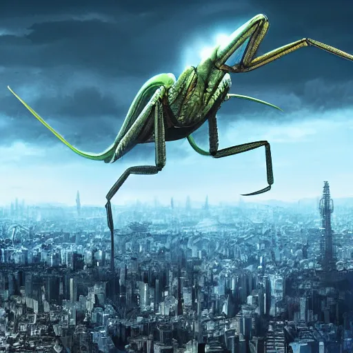 Image similar to a kaiju praying mantis attacking Tokyo, concept art, matte painting, 4k , clean post process, film still, style by raphael lacoste, eddie mendoza, alex ross