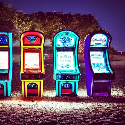 Prompt: an abandoned arcade machine on the beach at night. photograph in the style of simon stalenhag