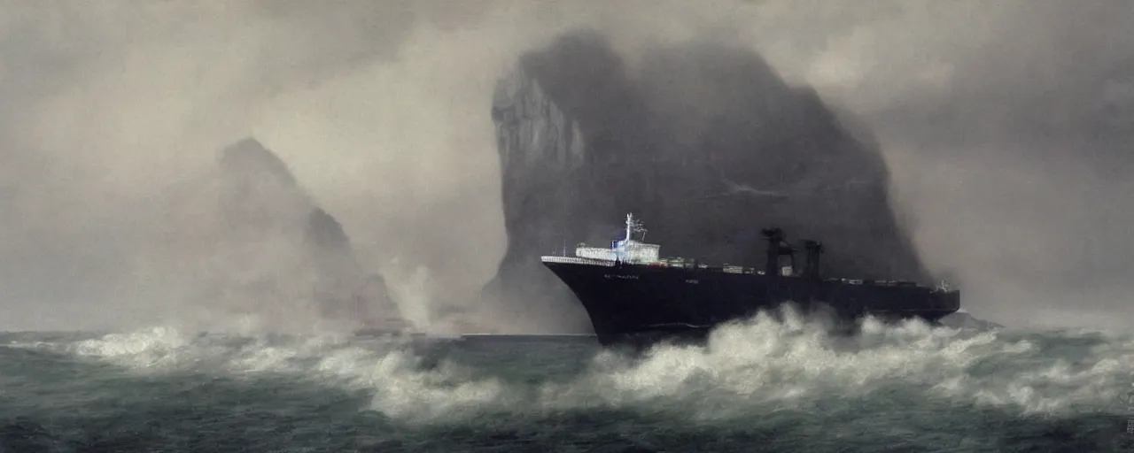 Image similar to container ship containership colossus near misty black cliffs over steamy water by Fernand Khnopff, matte painting