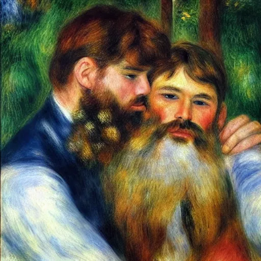 Prompt: art by renoir, bearded man kissing bearded man