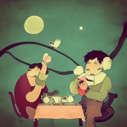 Image similar to small creatures having tea party in a humans beard. in a style of hayao miyazaki.