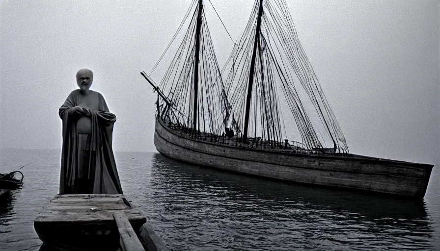 Prompt: 1 9 6 0 s movie still by tarkovsky of an elder socrates wearing dark drapery in a barque on a neoclassical canal, cinestill 8 0 0 t 3 5 mm b & w, high quality, heavy grain, high detail, panoramic, ultra wide lens, cinematic composition, dramatic light, anamorphic, piranesi style