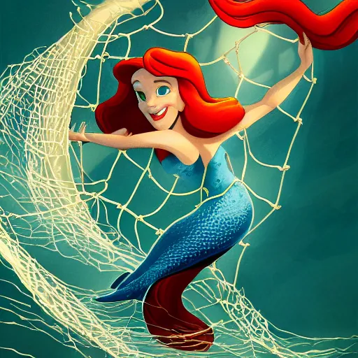 Image similar to disney poster of the little mermaid ariel trapped in a fishing net, trawl, bycatch, distressed, sad, 4 k, artstation