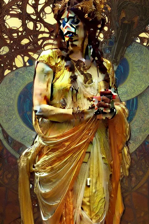 Image similar to A goddess wearing golden clothes, holding a phone, fantasy, painting by greg rutkowski and alphonse mucha