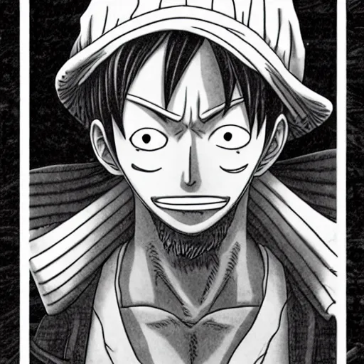 Image similar to a portrait of Luffy from one piece by eiichiro oda. He is wearing a beanie, and has a serious look on his face, hyper-detailed masterpiece