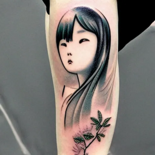 Prompt: beautiful thin wan korean angelic goddess in the style of fernand khnopff and hayao miyazaki, tattoo on arm, detailed beautiful tattoo