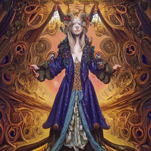 Image similar to beautiful oil painting, full length portrait of dauphinois in baroque coronation robes 1701, Dan Mumford, Dan Mumford, Alex grey, highly detailed , lsd visuals, dmt fractal patterns, hallucinogen, visionary art, psychedelic art, ornate, vaporwave, baroque, Greg rutkowski