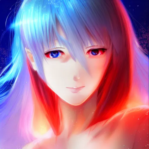 Image similar to advanced digital anime art, a very cute gorgeous teenage girl with a body made of fire and ice , full body, very long snow colored hair, sky blue highlights in hair, red fiery watery eyes, full round face, dramatic cinematic lighting, wideshot, highly intricately detailed, trending on pixiv, Artstation,