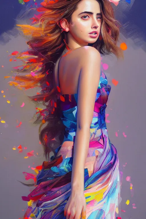 Prompt: a ultra detailed beautiful painting of ana de armas, wearing a colorful flowing dress, high angle shot, oil painting, by ilya kuvshinov, greg rutkowski and makoto shinkai