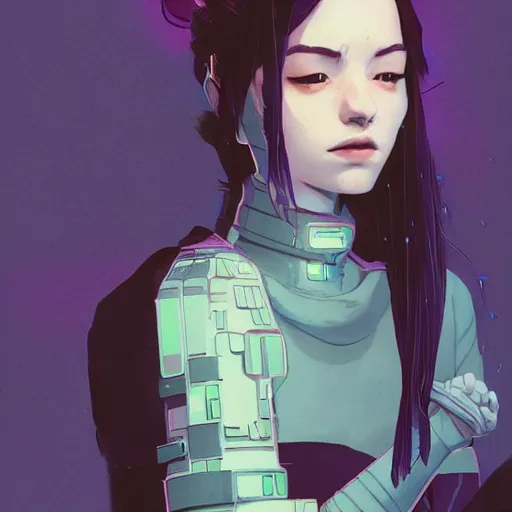 Image similar to Highly detailed portrait of a cyberpunk young lady with, freckles and cool hair by Atey Ghailan, by Loish, by Bryan Lee O'Malley, by Cliff Chiang, inspired by image comics, inspired by graphic novel cover art, inspired by nier!! Gradient purple, silver, black and white color scheme ((grafitti tag brick wall background)), trending on artstation