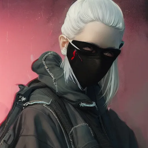 Image similar to very cool girl white hair girl with mask, streetwear, techwear, cyberpunk style outfit, full body, nose piercing, detailed portrait, intricate complexity, by greg rutkowski, cushart krentz, artgerm, ross tran, conrad roset, takato yomamoto, ilya kuvshinov. 4 k, beautiful, cinematic dramatic atmosphere, portrait lighting