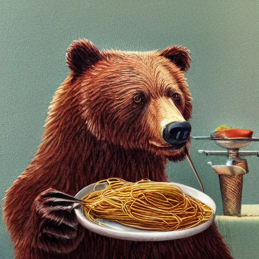 Prompt: of a bear cooking spaghetti while staring directly at the camera, wearing a cooking vest, realistic, painting, art museum, very detailed, hd, 4k, 8k, golden hour,