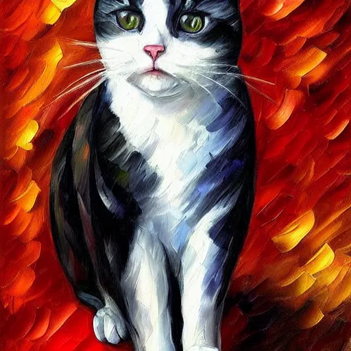 Prompt: portrait painting of a black and white cat wearing a red dress by Leonid Afremov