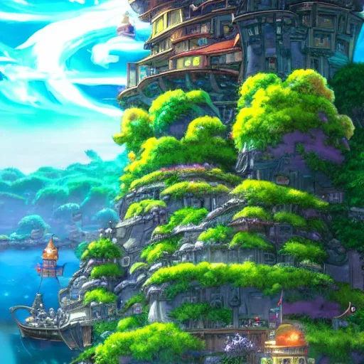 Image similar to photorealistic beautiful world of chrono trigger in the style of studio ghibli. hyperdetailed photorealism, 1 0 8 megapixels, amazing depth, glowing rich colors, powerful imagery, psychedelic overtones, 3 d finalrender, 3 d shading, cinematic lighting, artstation concept art