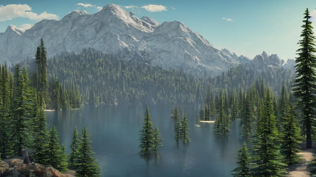 Prompt: a lake surrounded by tall pine trees with a mountain in the background, a detailed matte painting by senior environment artist, shutterstock contest winner, photorealism, rendered in unreal engine, matte painting, anamorphic lens flare