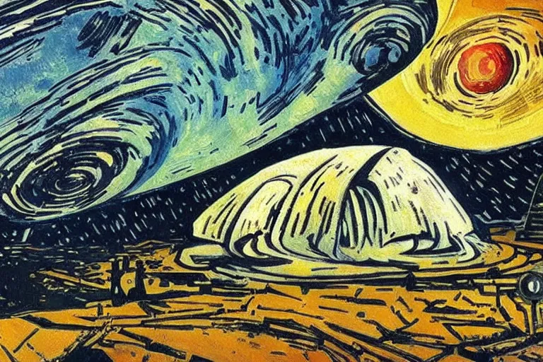 Image similar to brutalism spaceship near jupiter as painted by van gogh, detailed, wet brush, poster art