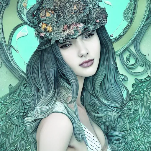Prompt: the portrait of an unbelievably beautiful, elegant, sensual, and sophisticated young woman partially made of cucumbers, an ultrafine detailed illustration by james jean, intricate linework, bright colors, final fantasy, behance contest winner, vanitas, angular, altermodern, unreal engine 5 highly rendered, global illumination, radiant light, detailed and intricate environment